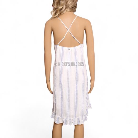O'Neill White Blue Striped Cotton Mini Dress Ruffle Hem Swing Sundress Size L - Picture 6 of 12